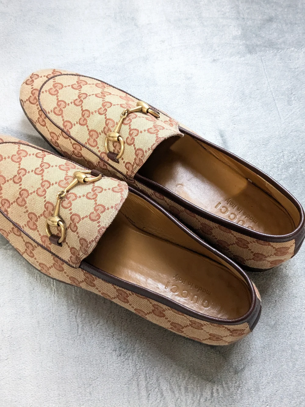 Gucci Men’s Beige GG Canvas Horsebit Loafers US 10.5 Monogram Logo GG Brown